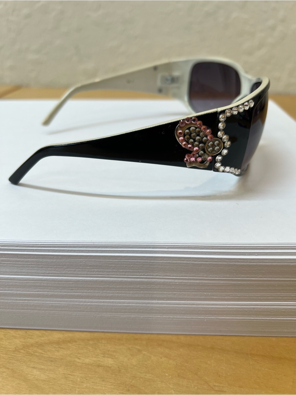 Black Shield Sunglasses with Pink and Clear Crystal Accents